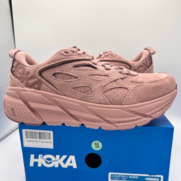 NWT Hoka Clifton Suede L Leather Pale Mauve Pink U Unisex Sneakers Shoes NEW - Picture 3 of 16